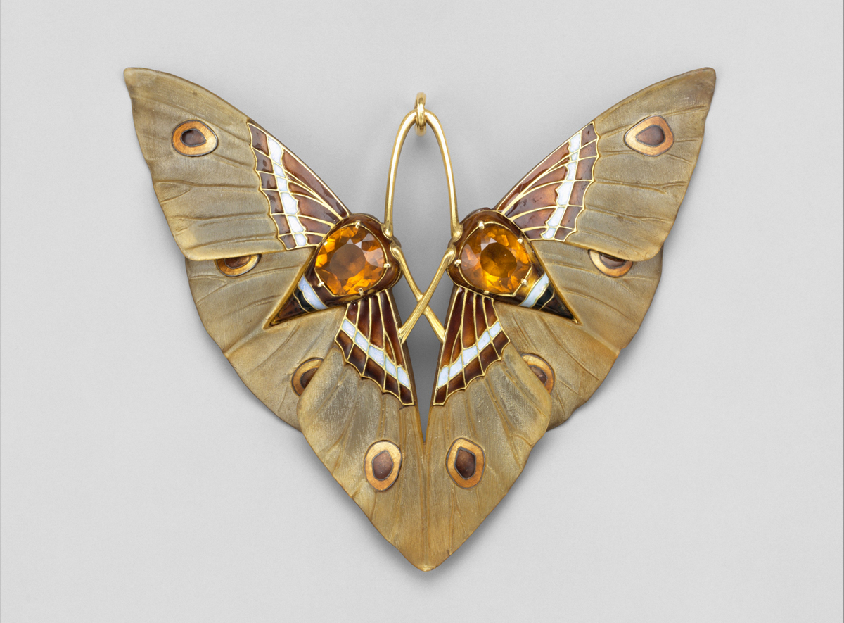 Lucien Gaillard. Moth, circa 1900 gold, citrines (topaz), champlevé enamel