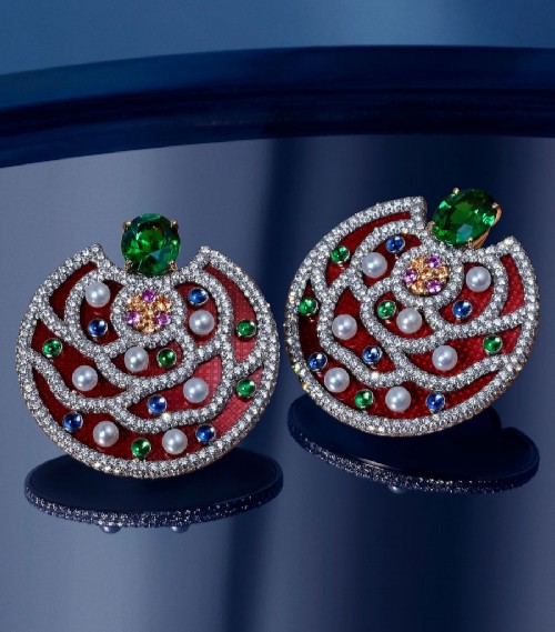 Folklore earrings in white and yellow gold and enamel with sapphires, garnets, pearls and diamonds