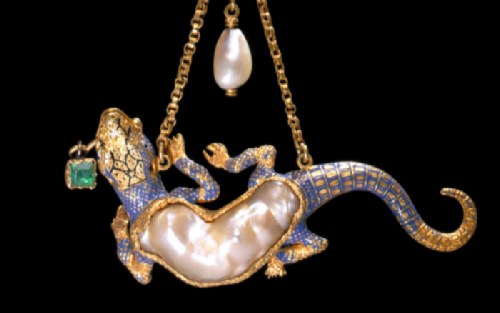 Pendant in the shape of a salamander, enamelled gold set with pearls and emeralds, Western Europe, late 16th century.