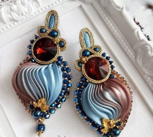 Silk shibori Soutache earrings blue brown