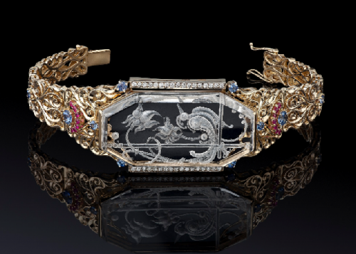 Bracelet, yellow and white gold, diamonds, intaglio on quartz, rubies, sapphires