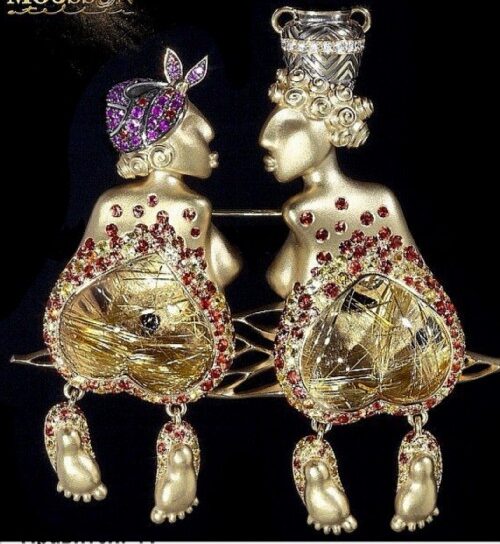 Brooch Friends. Yellow gold 750, Quartz hairy 42.54 ct., Colored sapphires, Diamonds.