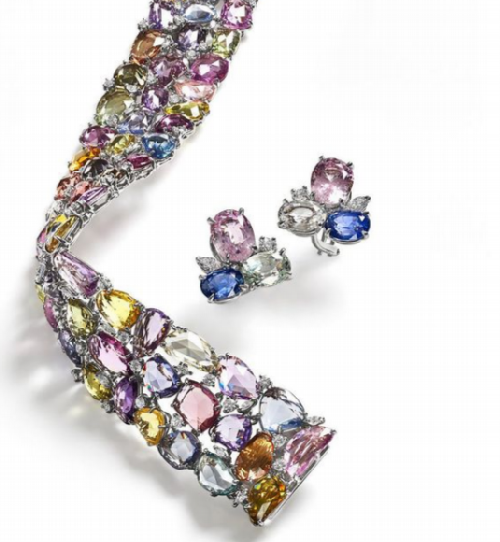 Earrings and bracelet with colored sapphires. Oscar Heyman 2020