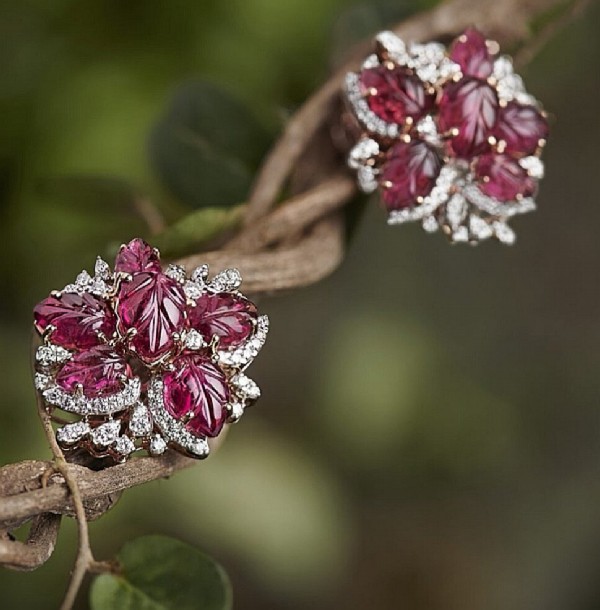 Zoya Earrings, carved rubies, diamonds set in gold