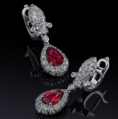 Earrings, rubies and diamonds set in white gold