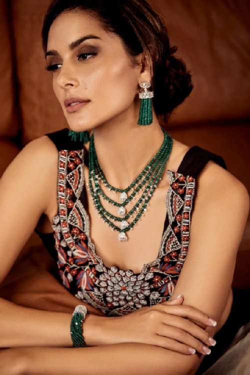Earrings with round and trillion diamonds and Zambian emerald beads