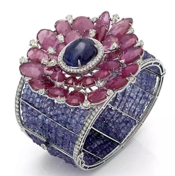 FIORI cuff bracelet. 18K white gold, diamond, ruby, tanzanite