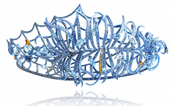 Tiara, 18k gold, silver, 48.8ct sapphires, 0.12ct rubies, 15.2ct aquamarines