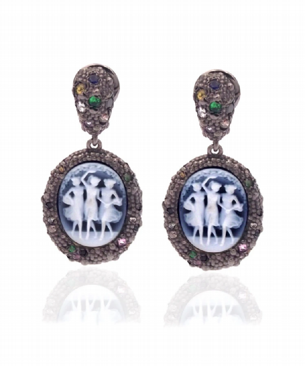 Amedeo Scognamiglio. Earrings 25mm hand carved blue agate cameo in sterling silver with black rhodium plating, blue sapphires, pink sapphires, tsavorite, citrine, black diamonds, white diamonds.