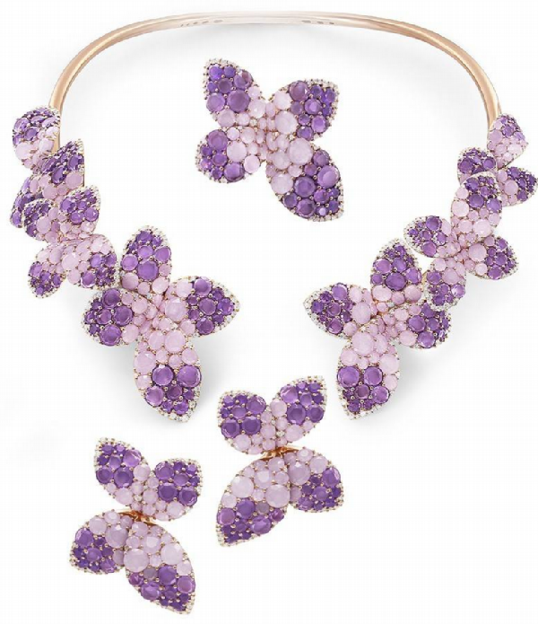 Brooch; Rose gold necklace with amethysts, pink agates and diamonds; Earrings from the Haute Couture Giardini Segreti collection by Pasquale Bruni