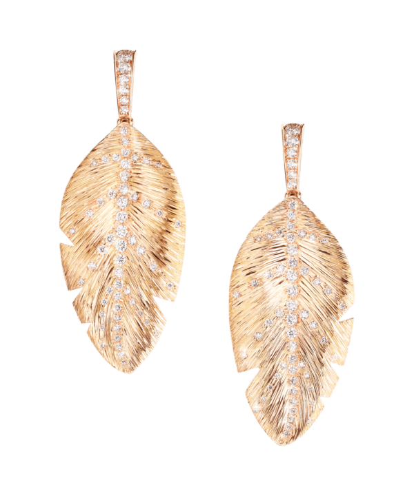Extremely Piaget earrings with 120 diamonds in 18K rose gold with palm leaf motif