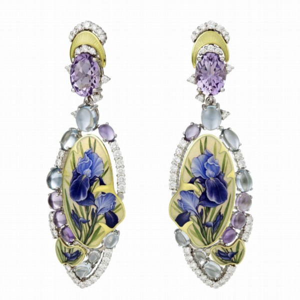 Earrings Irises made in the technique of miniature painting on hot enamel