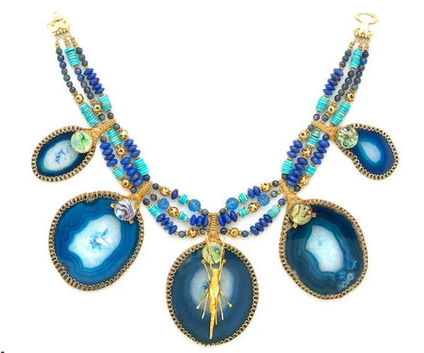 Blue agate, mother-of-pearl, turquoise, lapis lazuli, glass beads, silver, Tony Duquette necklace, circa 1990.