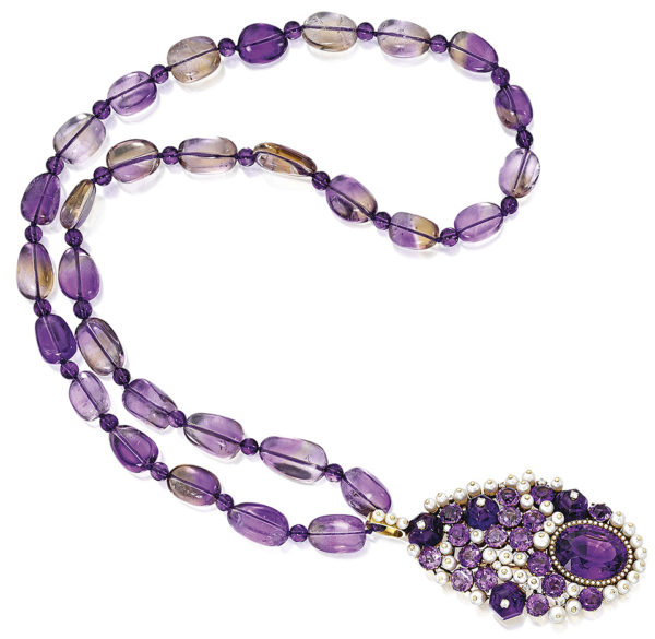 Necklace with pendant. Gold, amethysts, pearls, diamonds