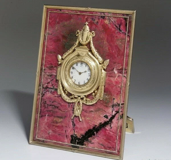 Silver watch with gilding and rhodonite, height 35.5 cm, Faberge, master Hjalmar Armfeldt, 1908-1917