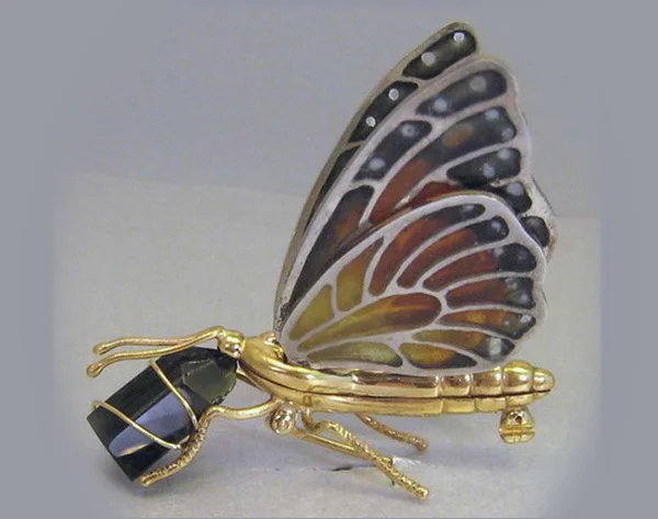 Sleeping Monarch gold shoulder brooch with stained glass enamel, crystal, tourmaline, Leila Tai