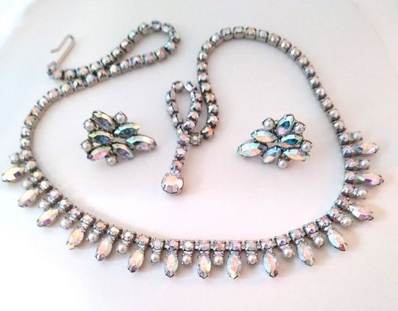 B David Pearl AB Rhinestone Necklace Earrings set vintage aurora borealis bridal