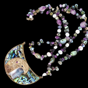 Sajen Vintage necklace with moonstone, abalone, amethysts, chrysolites, semi-precious stone beads.
