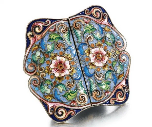 Belt buckle in the form of a cartouche made of silver with cloisonne enamel width 5.8 cm Fyodor Ruckert Moscow 1899 1908.