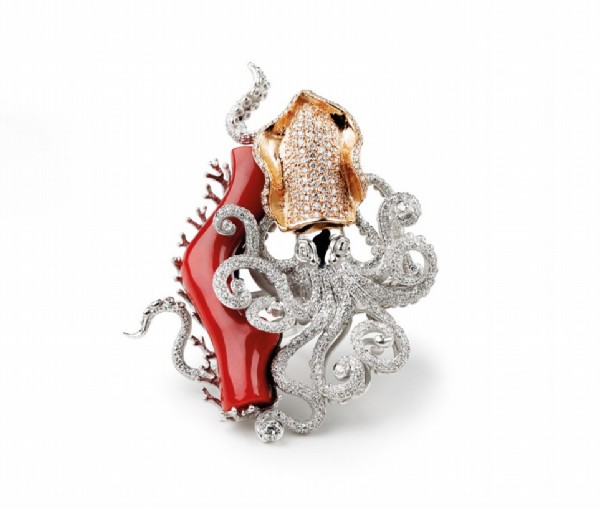 From Jewels of the Sea Collection Calamari double finger ring in white and rose gold plated with diamonds brilliant cut and ox blood coral.