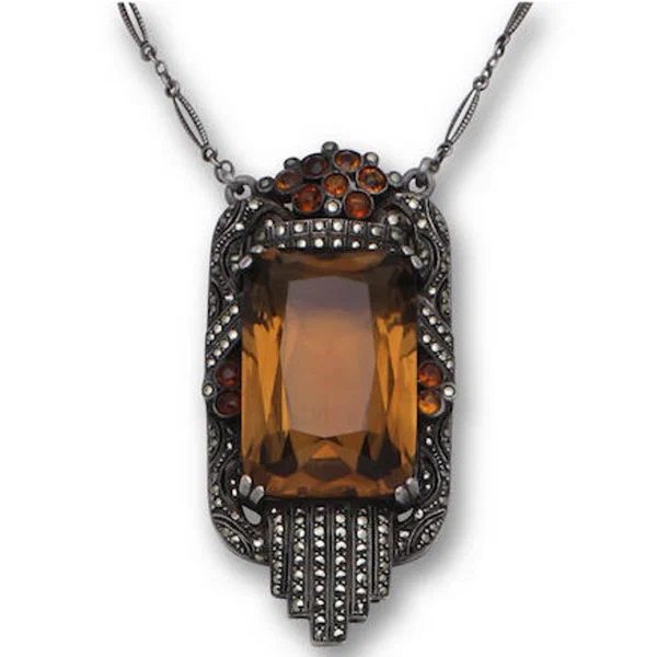 Art Deco pendant silver citrine smoky quartz marcasite circa 1930.