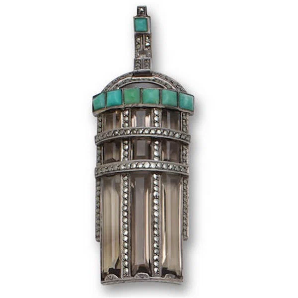 Art Deco pendant silver smoky quartz marcasite circa 1929.