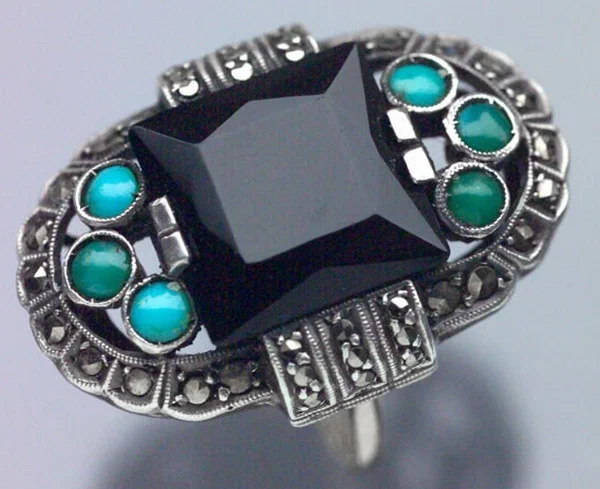 Art Deco ring silver onyx turquoise marcasite circa 1925.