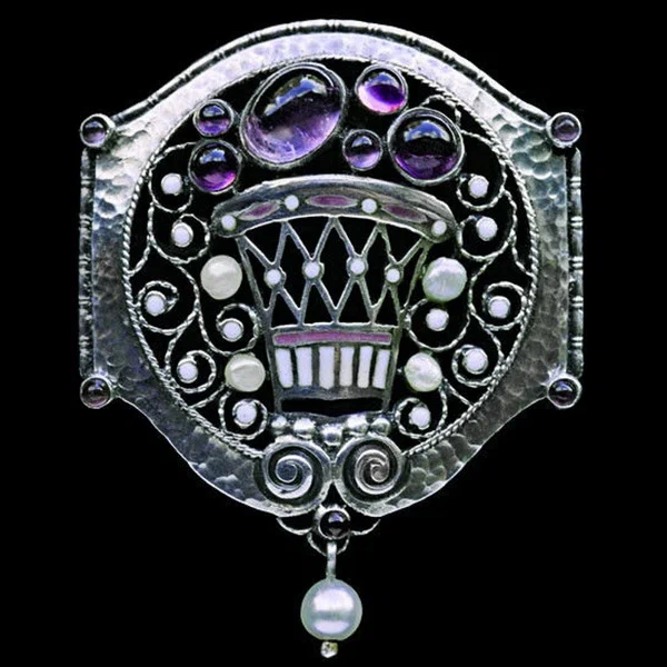Art Nouveau brooch silver enamel amethyst pearls circa 1906 1908.