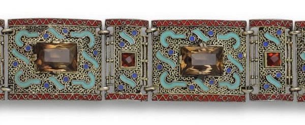 Bracelet silver gilding enamel citrine smoky quartz Theodor Fahrner circa 1927.