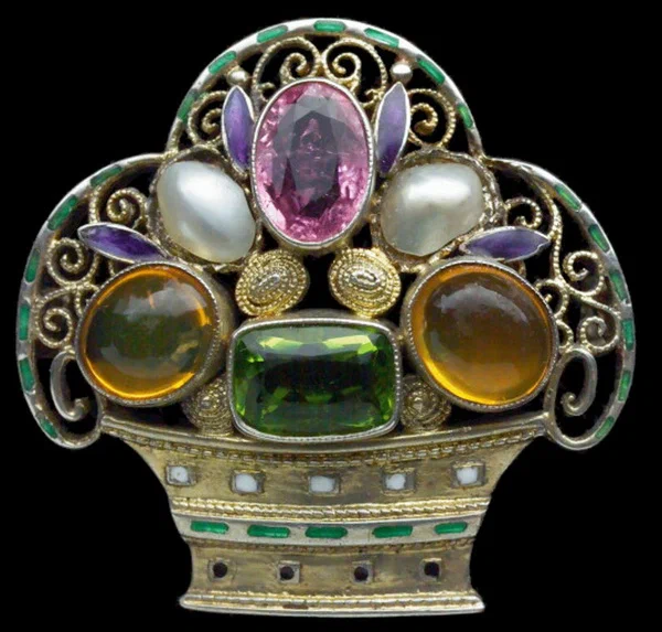 Flower basket brooch silver enamel fire opal tourmaline pearls circa 1906.