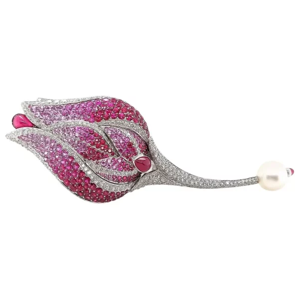 18 Karat Gold Fred Paris Tulip Rose Brooch Pendant with Diamonds Ruby Pearl.