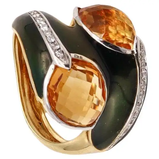 Fred of Paris 1970 Cocktail Ring In 18Kt Gold Diamonds Citrines Green Enamel.