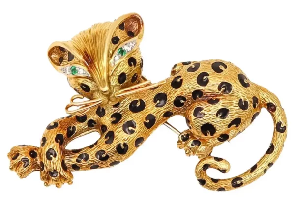 Fred of Paris 1970 Enamel Sauvage Cat Brooch 18k Gold with Diamonds Emeraldsю