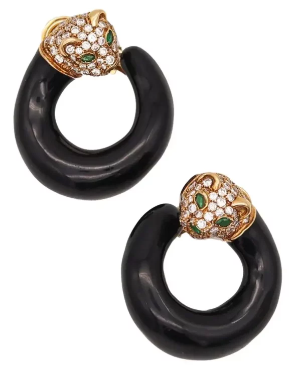 Fred of Paris Enamel Panther Clips Earrings 18kt Yellow Gold 3.56 Ctw in Diamond.