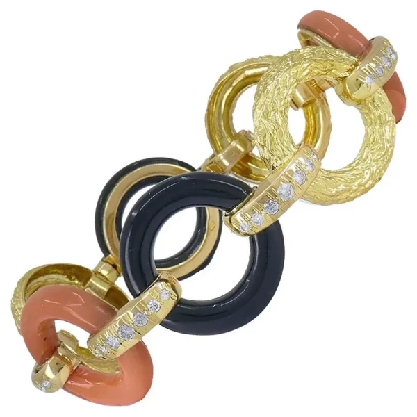 French Vintage Bracelet Atelier Janca 18k Gold Diamond Coral Black Onyx Jewelry.