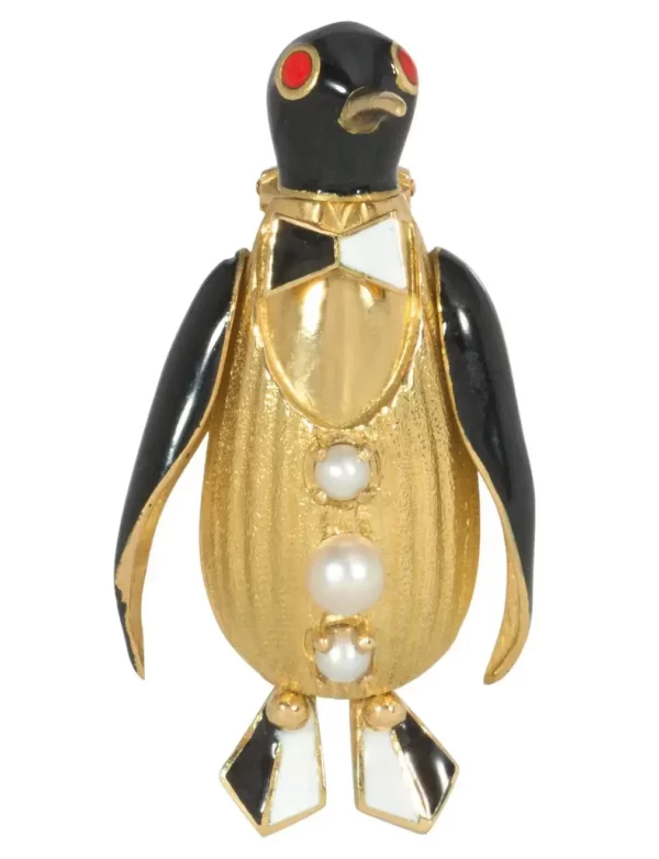 Retro Fred Paris Gold Enamel Pearl Penguin Brooch with Movable Head and Wings.