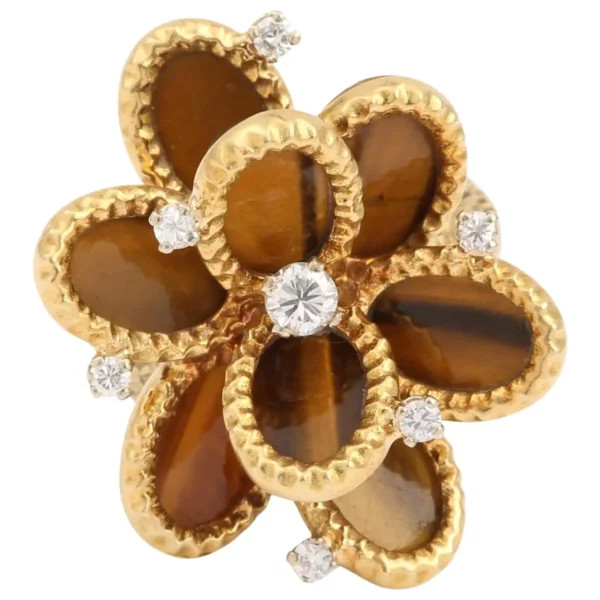 Tiger Eye Cabochon Diamond 18K Yellow Gold Flower Ring Attributed to Fred Paris.