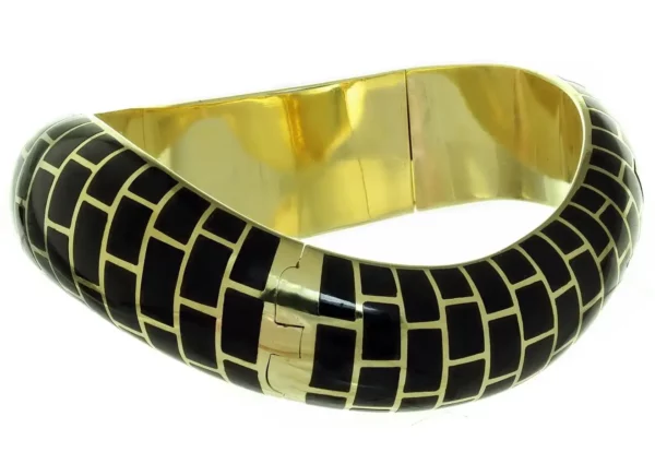 Angela Cummings Inlaid Black Jade Yellow Gold Wave Bangle Bracelet