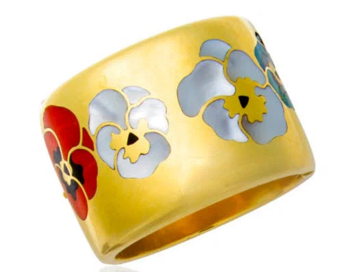 Gold pansy cuff bracelet inlaid with corals mother of pearl opal and onyx