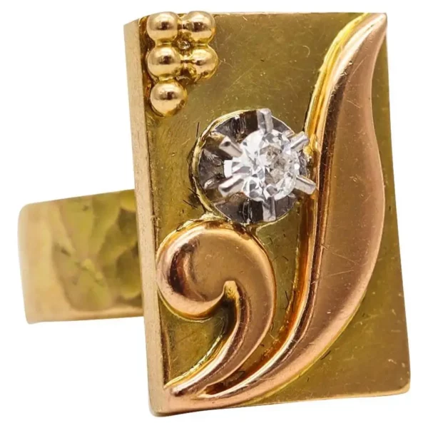 Jean Despres 1950 Paris Artistic Geometric Ring in 18kt Gold with Round Diamond