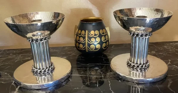 Jean Despres Elegant Candlesticks Signed French Silver Plate Metal
