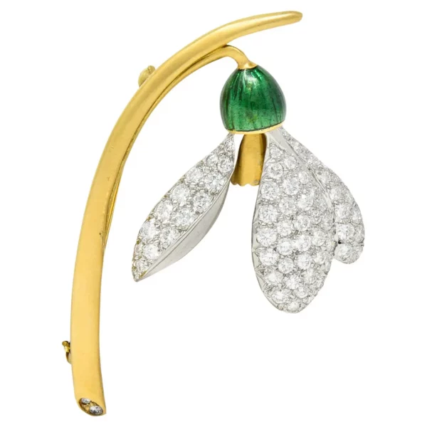 Vintage Angela Cummings Enamel 1.75 Carats Diamond Snowdrop Flower Brooch