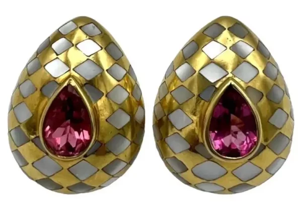 Vintage Angela Cummings Inlayed Pearl Pink Tourmaline 18k Gold Earrings