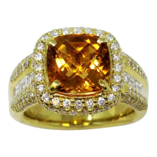Charles Krypell Cushion Checkerboard Citrine and Diamond Halo Ring 18 Karat Gold.