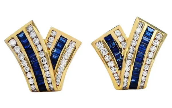 Charles Krypell Diamond Blue Sapphire 18K Yellow Gold V Clip On Earrings.