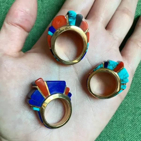 Charles Loloma Vintage Lapis Coral Turquoise Gold Height Inlay Ring c. 1975.