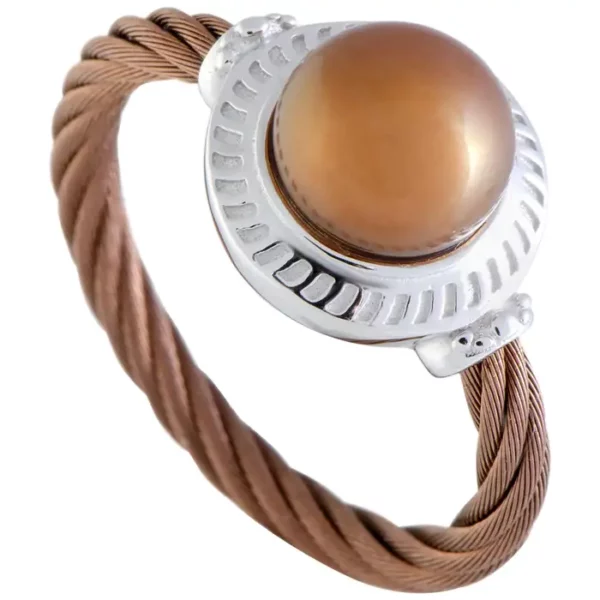 Charriol Pearl Stainless Steel and Bronze PVD Brown Pearl Round Cable Ring.