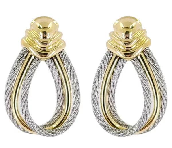 Charriol Yellow Gold & Steel Cable Drop Earrings.