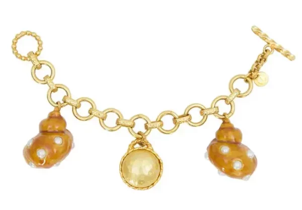 DOMINIQUE AURIENTIS Paris Orange Enamel Faux Pearl Shell Charm Bracelet.