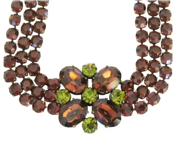 Dominique Aurientis Brown Green Rhinestone Necklace, Never Worn 1980s.